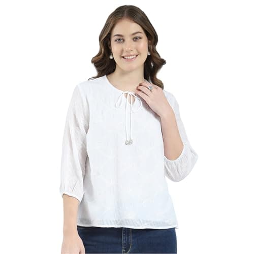 Monte Carlo Women's Regular Fit Self Designed Round Neck Top | 3/4 Sleeve | Casual Wear | Stylish & Comfortable | Everyday Wear Top for Women White M (Pack of 1)