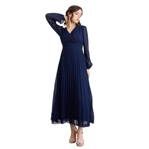 Berrylush Women Solid Navy Blue V-Neck Long Puff Sleeves Pleated Empire Maxi Dress