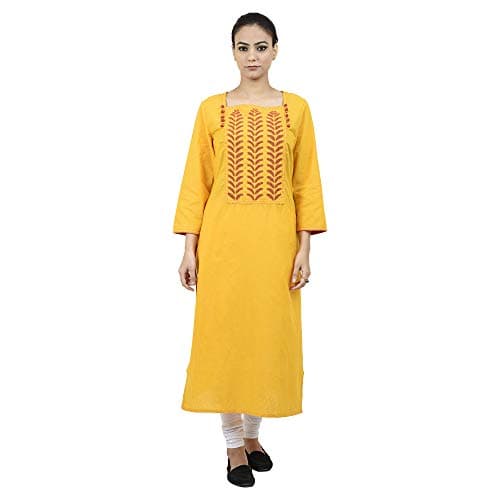 Tribes India Women's Cotton Straight Kurta (Yellow, XXL)