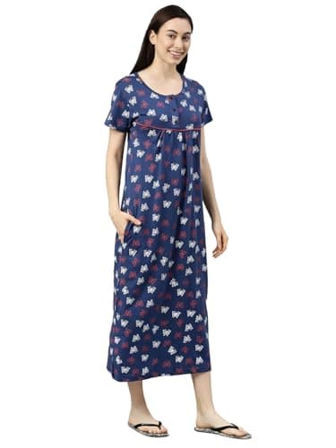 KRYPTIC Womens Navy Printed Pure Cotton Maxi Nightdress(Navy_2-S) 5