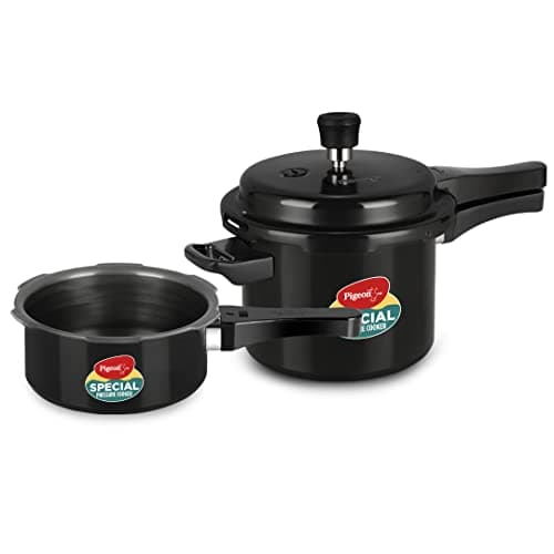 Pigeon by Stovekraft Induction Base Outer Lid Hard Anodised Aluminium Pressure Cooker Combo , 2 L and 3 L (Black)