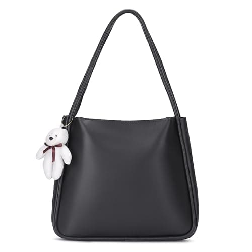 SIJJEEL Women's Handbag, Black Synthetic Leather Shoulder Bag with Bear Charm, Rectangular Tote with Zipper Closure, One Size 4