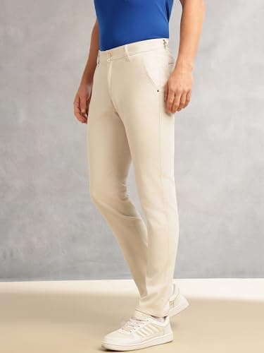 Thomas Scott Men’s Cricket Club Collection Regular Fit Mid-Rise Chinos | Solid Dobby Fabric Trouser with 4 Pockets (CCBT176_Beige_38) 3