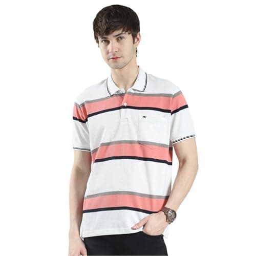 Monte Carlo Men's Regular Fit Striped Polo T-Shirt | Half Sleeve | Collared Neck | Casual Wear T Shirt for Men's Off White L (Pack of-1)