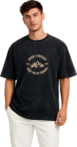 Amazon Brand - Anarva Men’s Oversized Acid Wash T-Shirt | Premium Cotton Relaxed Fit | Drop Shoulder Half Sleeve Casual Streetwear Tee for Men (in, Alpha, 2XL, Regular, Black PRT 5)