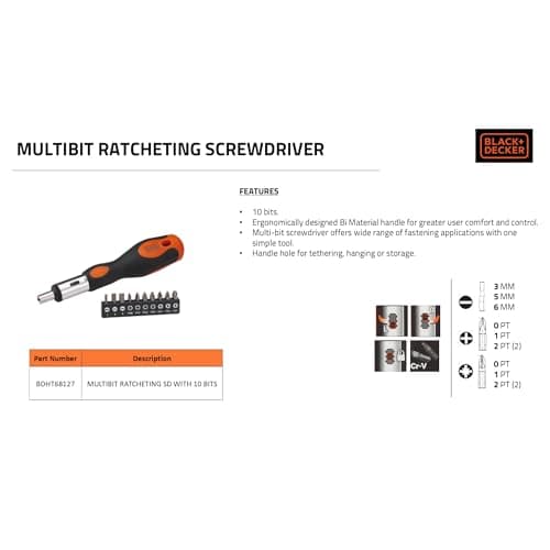 BLACK+DECKER BDHT68127 10-in-1 Ratchet Handle Screwdriver With Interchangeable Bits - 24 cm - Pack of 10: SL3, SL5, SL6, Ph0, Ph1, 2xPh2, PZ1, PZ2, PZ3 5