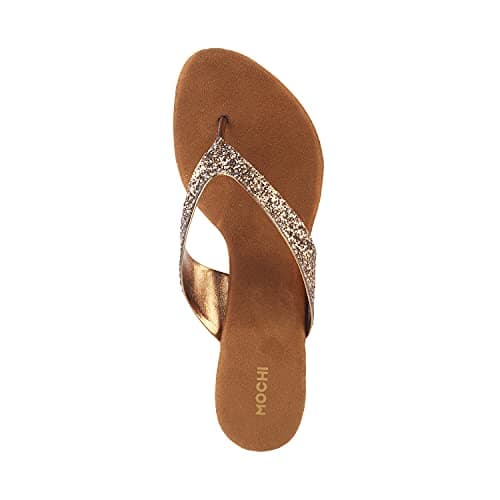 Mochi Women's Antic Gold Kitten Heel Slip On Sandals | 2 Inch Height | Synthetic Sequin Embellished Party Footwear | Lightweight Comfort | Stylish Party Festive Wear | UK 5 5