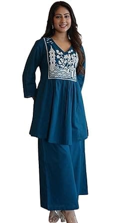 Embroidered Rayon Co-Ord Set for Women, Designer Kurta with Palazzo, Ethnic Motifs, V-Neck. (in, Alpha, XL, Regular, V-Blue_Set)