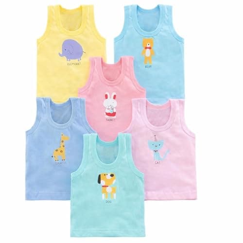 ZOZO SALES Unisex Baby Vest Sleeveless Cotton Baniyan | Kid's Sando Baniyan, Kids Vest | Soft & Breathable Baby Jabla |Toddler Innerwear for Boys & Girls, Cute Animal Print | Multicolor Pack of 6