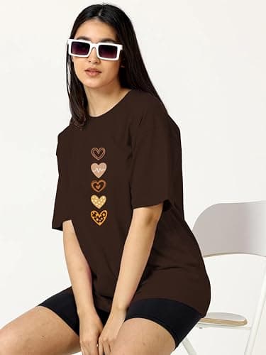 TQH Round Neck Drop Shoulder Brown Graphic Printed Cotton Blend Oversized T-Shirt for Women 2