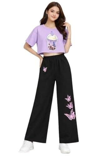 AK MADE IN INDIA Girls Butterfly Print Crop Top Palazzo Set Comfortable Casual Outfit for Daily Use Multi 11-12 Years