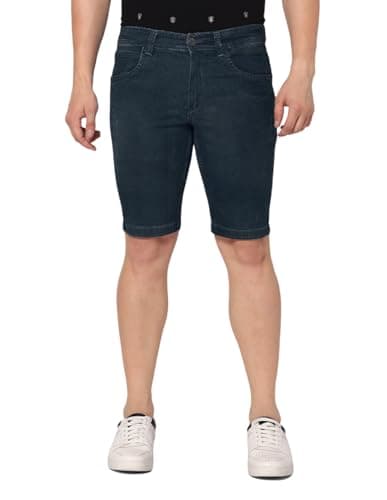 TRUE COLORS OF INDIA Men's Relax Fit Denim Shorts - Knee Length, Mid Rise, Stretchable Fabric, Dark Blue, Carbon Blue & Mid Blue (in, Numeric, 34, Regular, Standard, Dark Blue)