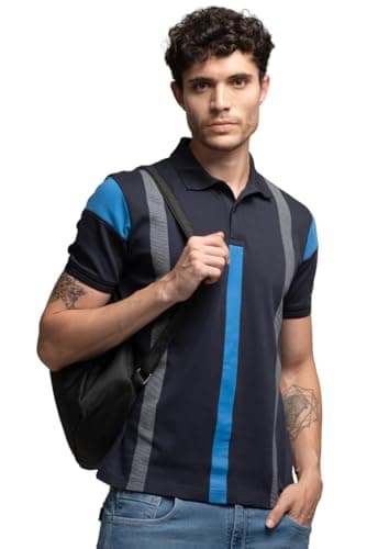 SPORTKING Mentor Men’s Striped Polo T-Shirt | Short Sleeve Regular Fit Cotton Blend Polo with Contrast Panel Design for Casual & Smart Wear | Navy | M