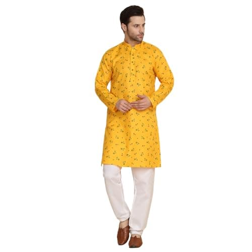 KRAFT INDIA Men's Cotton Printed Stylish Ethnic Wear Kurta Pyjama Set (Color-Yellow, Size-42)