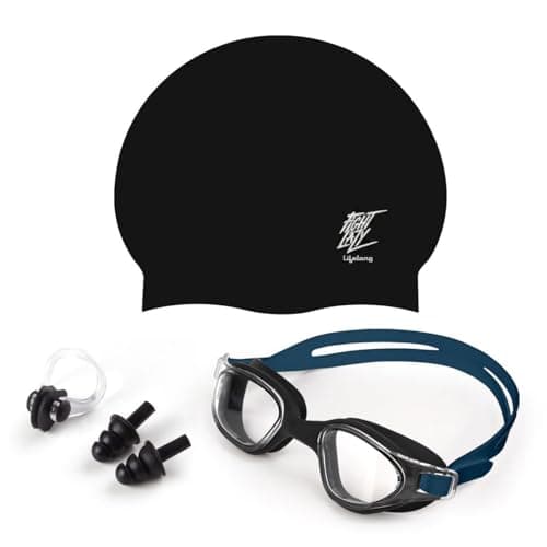 Lifelong Silicone Swimming Combo Kit | Waterproof Swim Cap with Earplugs & Nose Clip | Anti-Fog Swim Goggles | Comfortable Fit Swimming Accessories (Blue)