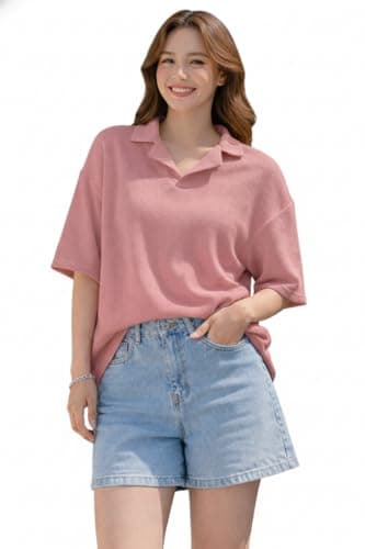 Zilcon Oversized Tshirts for Women V-Neck Summer Short Sleeve Casual Loose Top (Pink_M (m))
