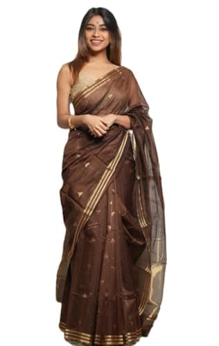 Flosive “Women's Pure Cotton Silk Saree with Golden Zari Border and Butti Work | Traditional Black Handloom Style Saree for Festive & Office Wear (COFFE)