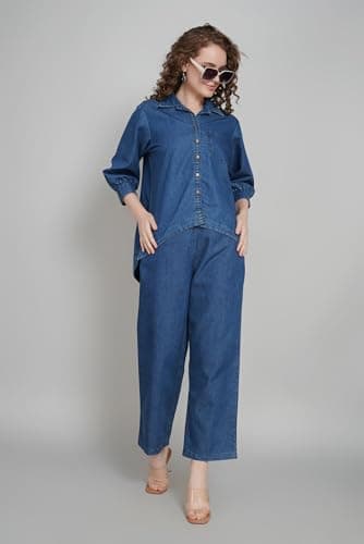 CREATIVE KURTI PALACE Blue Denim Co-ord Set for Women – Top & Bottom Combo | Mandarin Collar Kurta with Pants – Everyday Comfort | (IN, Alpha, 2XL, Regular, Denim Blue) 3