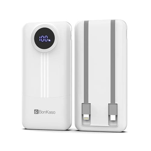 BonKaso 10000mAh Power Bank 22.5W Fast Charging PD, Built-in 2-in-1 Type-C & Lightning Cable, Digital Display, Dual USB Output, Compact Portable Charger for iPhone, Android, Tablets – White