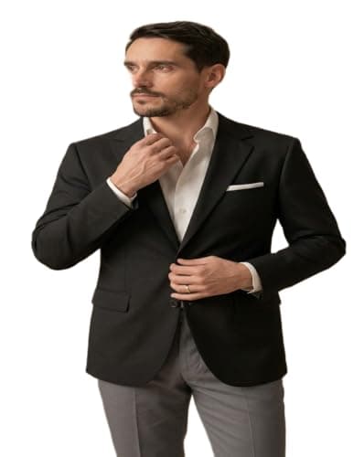 MAYKR Men's Black Blazer, Single-Breasted Formal Suit Jacket with Notch Lapel and Pocket Square