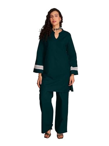TITTLI Women Pure Cotton Co-Ord Set | Solid Tunic & Trouser Set | Mandarin Collar & V-Neck Tunic with Full Sleeves & Lace | Casual Everyday Wear Set for Women | M | L | XL | XXL