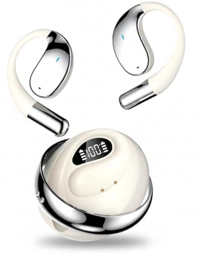 VEHOP Ear Spin OWS Open Ear TWS Earbuds | 48Hrs of Playtime | Bluetooth v5.4 with AI-ENC | Skin Friendly Ear Hook | Environmental Awareness | 45ms Low Latency Gaming | IPX5 Water Resistance. (Beige)