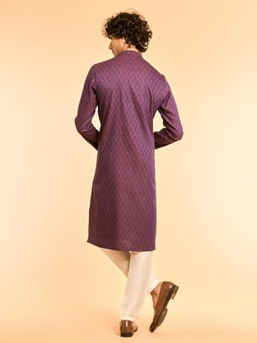 DIWAS BY MANYAVAR Men's Viscose Blend Neck Embroidered Self Design Kurta (Purple,L) 5