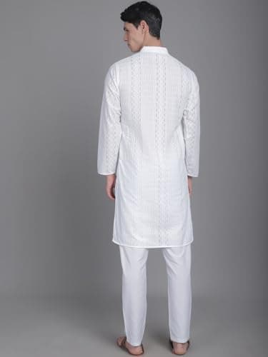 Majestic Man Men Cotton Regular Fit Embroidered Ethnic Motifs Double Plaket Kurta (White, Small) 4