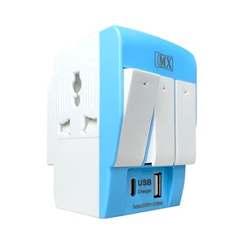 MX 3 Pin Multi Plug Socket-Worldwide Universal Travel Adapter with USB Ports & Type-C PD Individual Switch Safety Shutter LED Indicator-3 Way Plug Socket (5A-250V) Type D Plug for Home Office