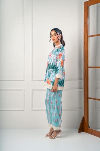 India Circus by Krsnaa Mehata Blue Floral Floats Co-Ord Set Size 36 for Women Stylish Kurta Set Ethnic Printed Co-Ord Set 2