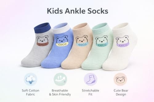 ANESHA Daily Essential Kids Ankle Socks 5 Pairs Bear Cartoon Soft Cotton Breathable Pastel Age 1-3 Years 3