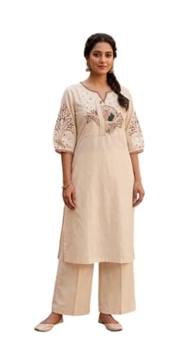 Women's Cotton A-Line Printed Co-Ord Set with Palazzo | Kurta Set for Women | A-Line Kurti Co-Ord Set | Printed Kurti Palazzo | Women Kurta Set (IN, Alpha, 3XL, Regular, Wome, White)
