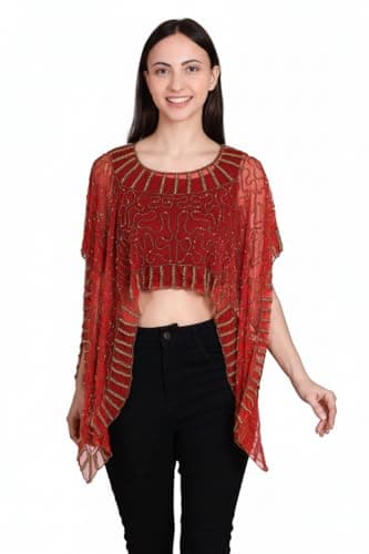 Women's Red Sheer Net Embellished Cape Top/Poncho Shrug | Ethnic Blouse Overlay for Lehengas Sarees Dresses.