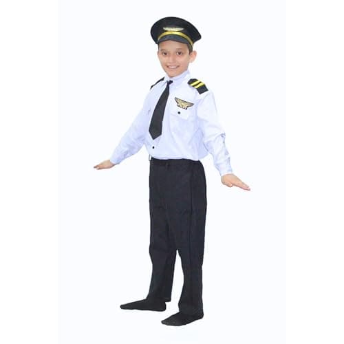 Kaku Fancy Dresses Polyester Our Community Helper Pilot Costume For Kids White Pilot Shirt & Black Pant With Black Cap For Boys & Girls - 7-8 Years 5