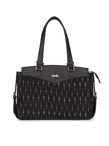 ZOUK Ikat GreRed Printed Jute Vegan Leather Black and Red Women's Office Work Bag With Double Handles Strap