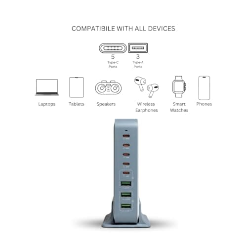 200W Charging Station — 8-Port-PD 3.0 | 5X USB-C + 3X USB-A | BIS Certified |PD Smart Power Distribution | Compatible with MacBook, iPhone 17/16/15, iPad, Android 2
