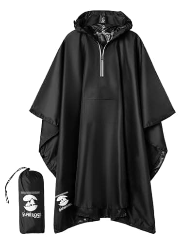SaphiRose Hooded Rain Poncho Waterproof Raincoat Jacket for Men Women Adults, Black02 (With Reflective Stripes), One Size