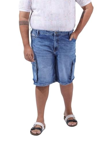 Hardsoda by The Indian Garage Co Men Plus Size Relaxed Fit Solid Mid-Rise Denim Cargo Shorts (Blue_42)