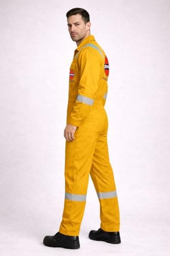 Indian Oil Work Coverall Dungaree, Two Way Zipper, Beige with Reflective Tape, Full Body Protection Workwear (XXL) 3