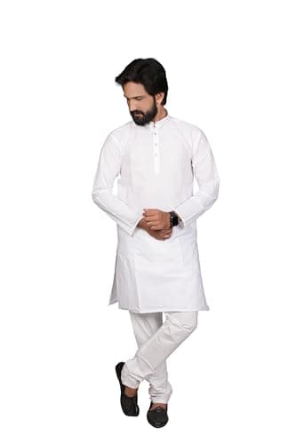 Men’s White Cotton Kurta Pyjama Set | Solid Ethnic Wear Breathable Fabric | Knee Length, Regular Fit, White, Size XXL