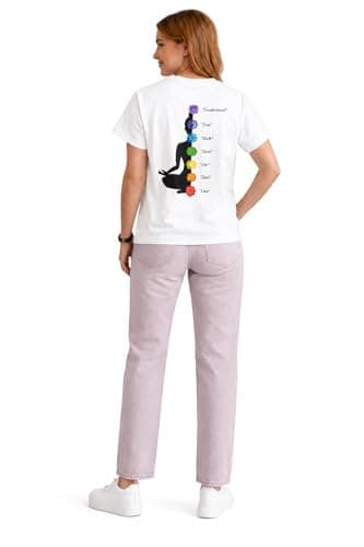 Women's Chakra Meditation T-Shirt, White Cotton Tee with Yoga Symbol and Spiritual Design (in, Alpha, L, Regular, White) 3