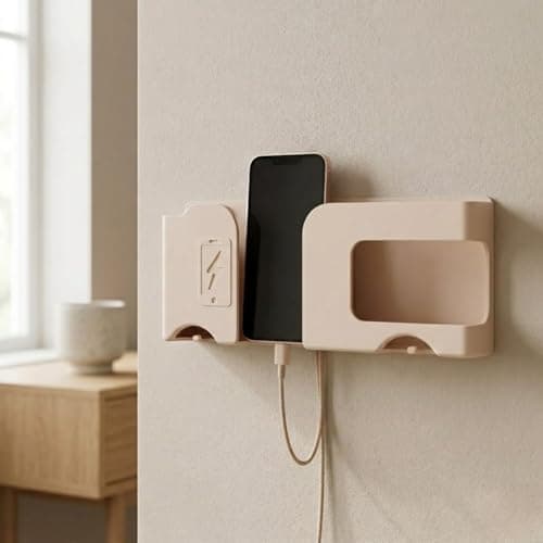 Wall Mounted Mobile Charging Holder Stand | Plastic Phone Charging Dock Organizer with Cable Management | Multi Purpose Remote & Smartphone | Space Saving Wall Shelf (1, Apricot, Standard) 4