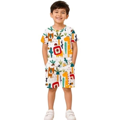 Tirupati Kids Clothes for Boys | Allover Animal Printed Cotton Half Sleeves Round Neck T-shirt Shorts Combo Clothing Set | Casual Baby Boy Dress (Animal Safari, 5-6 year)