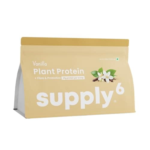 Supply6 Plant Protein Powder | 24g Vegan Protein for Muscle Gain & Recovery | Pea & Rice Protein | No Bloating, Easy Digestion | With Probiotics & Fibre | Zero Sugar (500g, Vanilla)