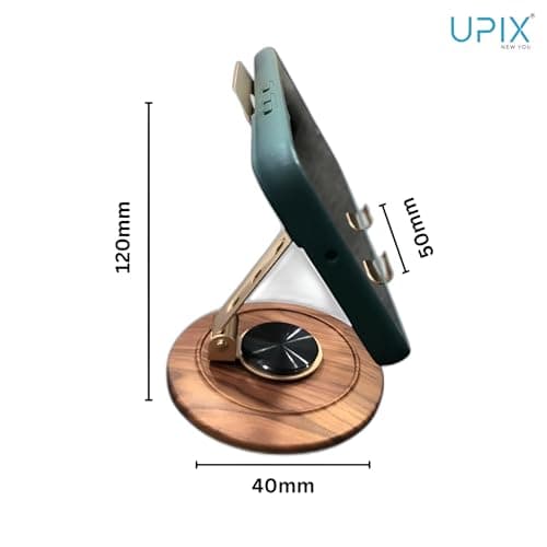 Upix Mobile Phone Holder Stand – Adjustable Metal Phone Dock with Wooden Look Base – Sleek Gold Design – Stable & Stylish Desk Stand for All Smartphones – Office, Home Use 4