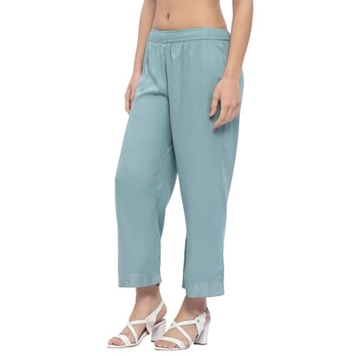 Biba Women Dull Blue Viscose Rayon Straight Palazzo_M 3