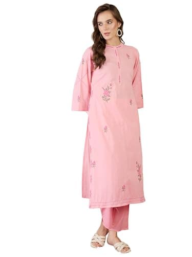 INDO ERA Women's Pure Cotton Floral Embroidered Straight Kurta & Pant Set | Co Ord Set For Women Stylish