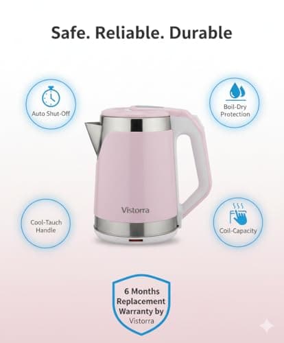 Vistorra SwiftBoil Electric Kettle, 1.8L, Pink, Stainless Steel, 1000W 4