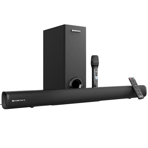 Zebronics 200W Soundbar with Dual Drivers, Virtual 5.1 Surround, 5.2" Subwoofer, BT v5.3, TV (ARC), USB, AUX, Wall Mountable, Karaoke, Wireless Mic, LED Display (Juke Bar 4120)