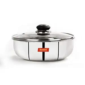 Sumeet Stainless Steel Encapsulated Bottom Induction and Gas Stove Friendly Tasra with Glass Lid - (3Ltr - 25cm), Silver, 3 liter